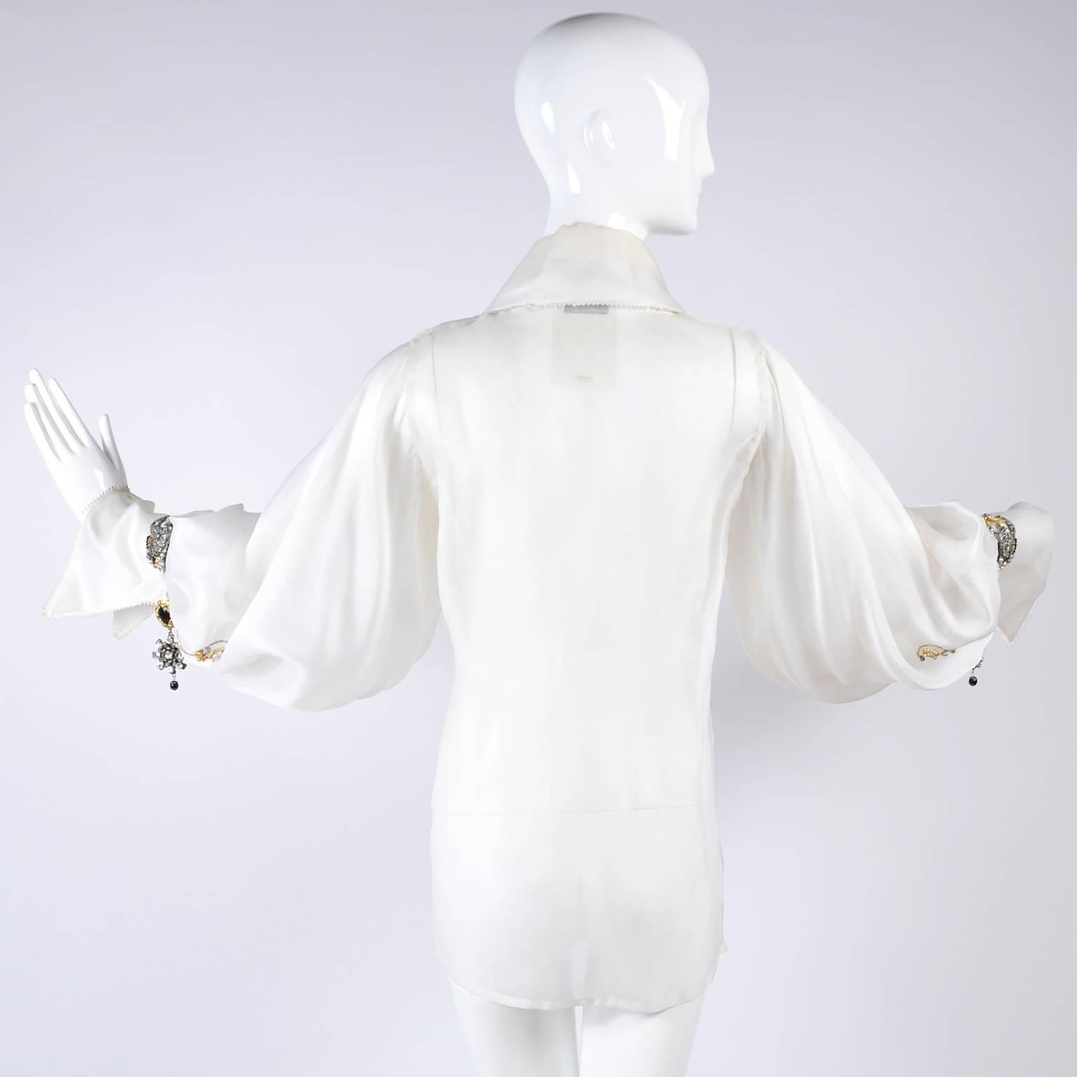 Vintage Christian Dior Gianfranco Ferre Organza White Blouse W Jewels & Cufflink 2