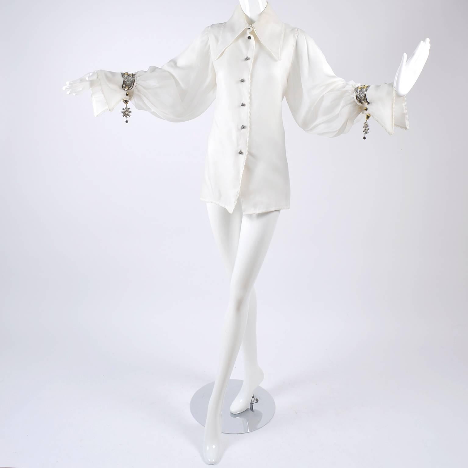 Vintage Christian Dior Gianfranco Ferre Organza White Blouse W Jewels & Cufflink 7