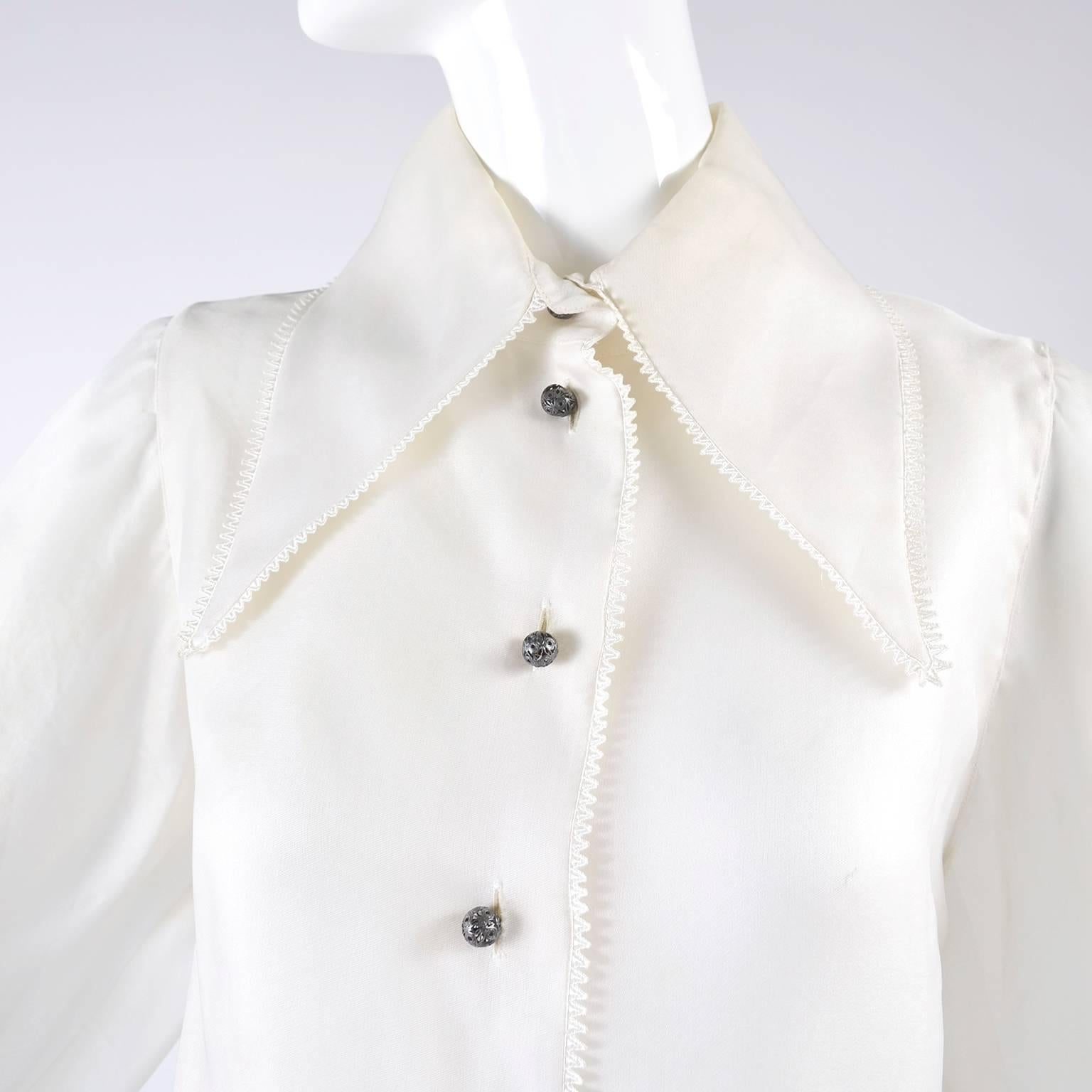 Vintage Christian Dior Gianfranco Ferre Organza White Blouse W Jewels & Cufflink In Excellent Condition In Portland, OR