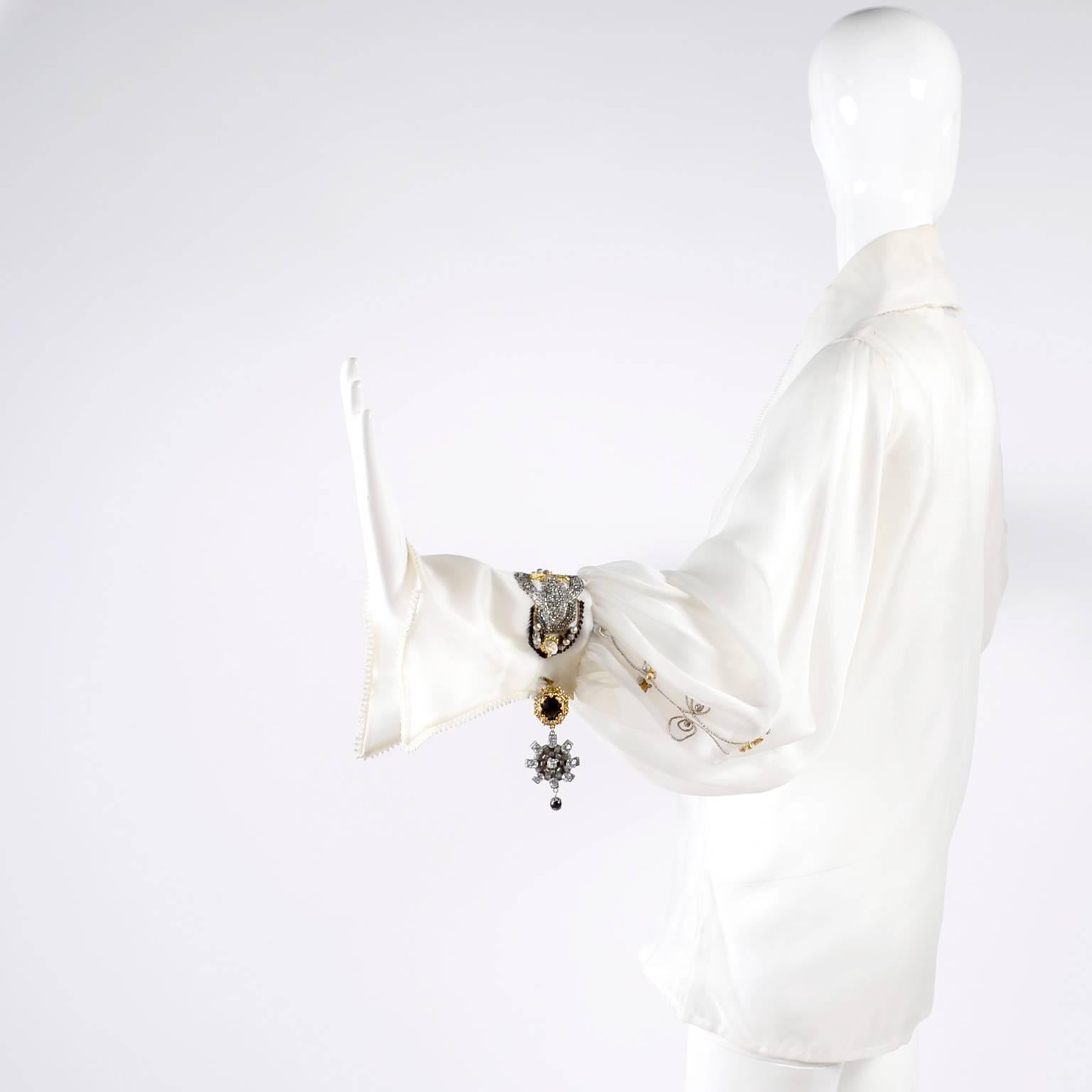 Women's Vintage Christian Dior Gianfranco Ferre Organza White Blouse W Jewels & Cufflink