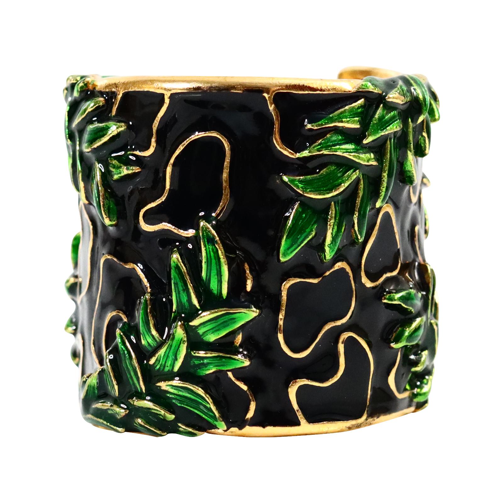  This gorgeous Vintage Christian Dior Cuff bracelet fully covered with green black and gold enamel has see through cloisonné showing through bamboo leaves on a black background.  This is during the Gianfranco Ferre design era of Christian Dior Circa
