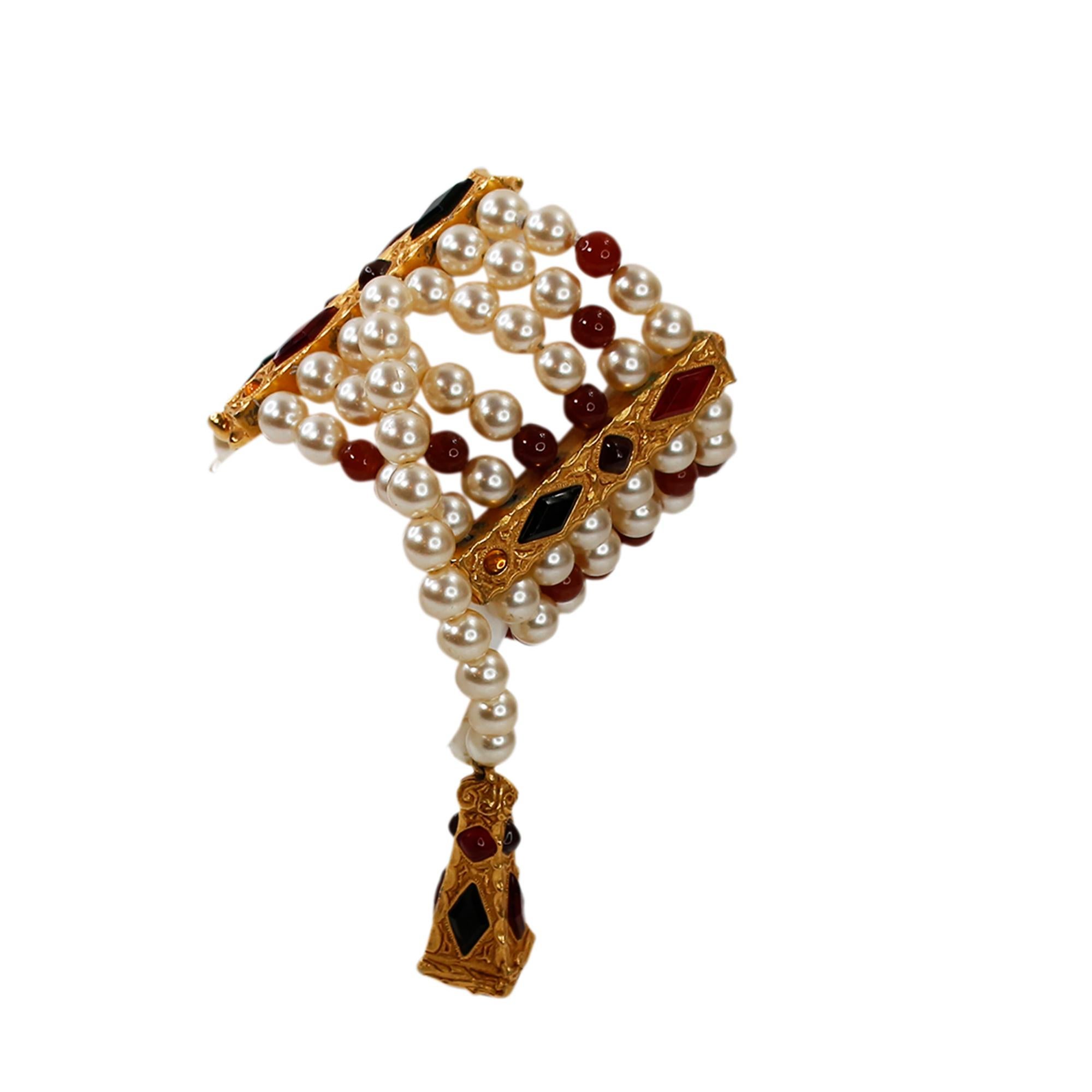 Artist Vintage Christian Dior Gold and Faux Pearl Dangling Bracelet Circa 1980s For Sale