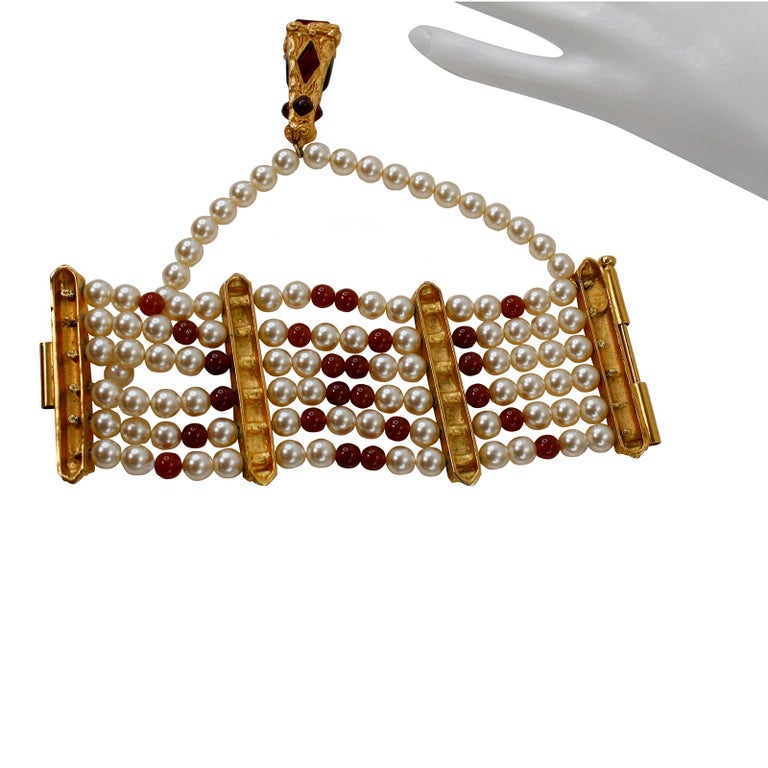 Vintage Christian Dior Gold and Faux Pearl Dangling Bracelet Circa 1980s For Sale 2