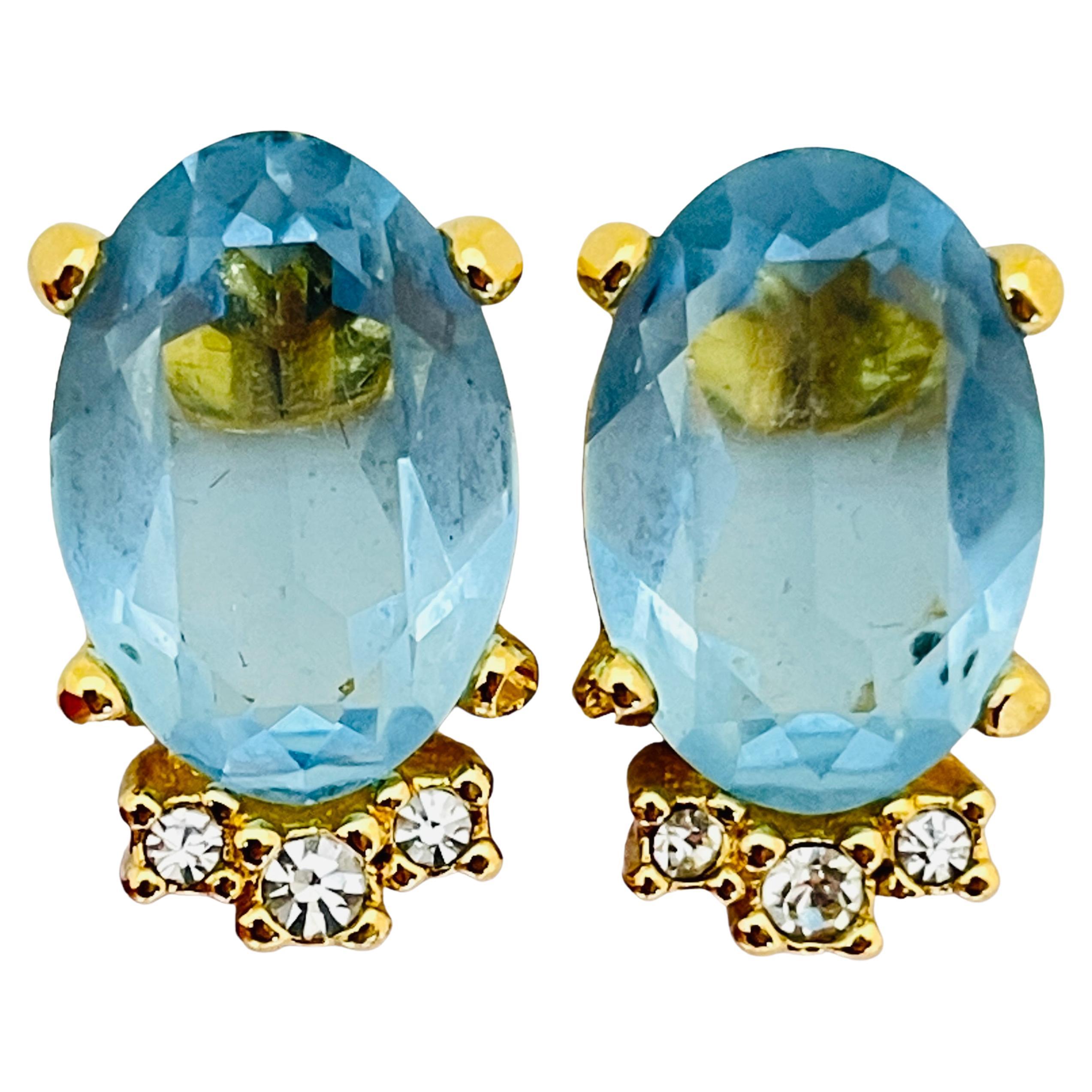 Vintage CHRISTIAN DIOR gold blue glass designer runway clip on earrings For Sale
