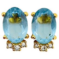 Vintage CHRISTIAN DIOR gold blue glass designer runway clip on earrings