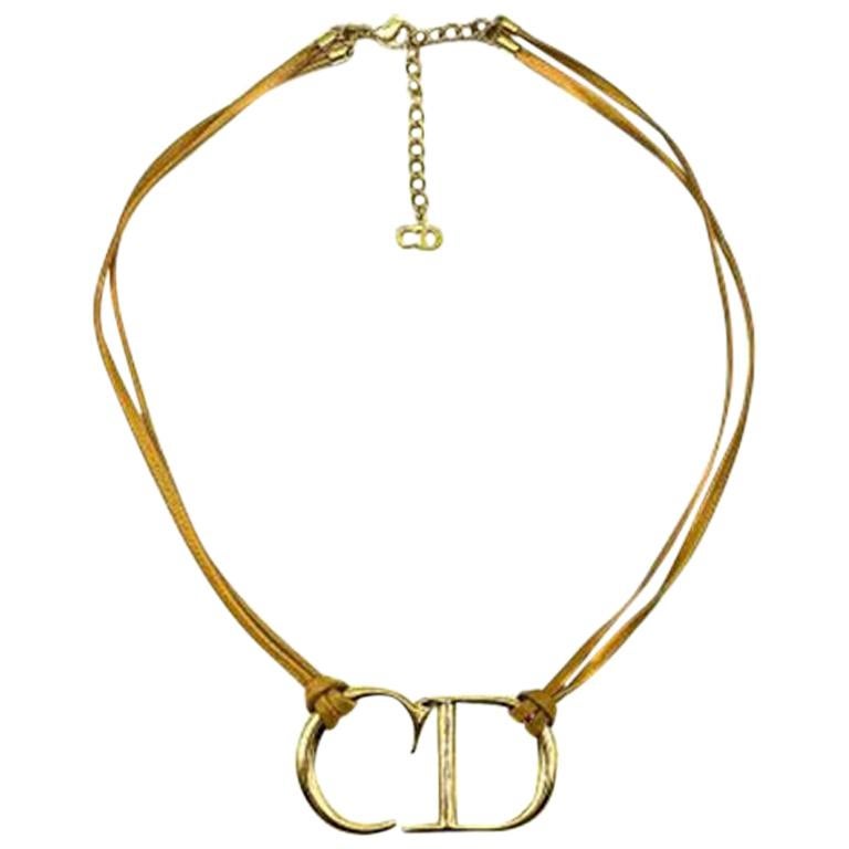 Vintage Christian Dior Gold Cd Logo & Leather Necklace 1980s
