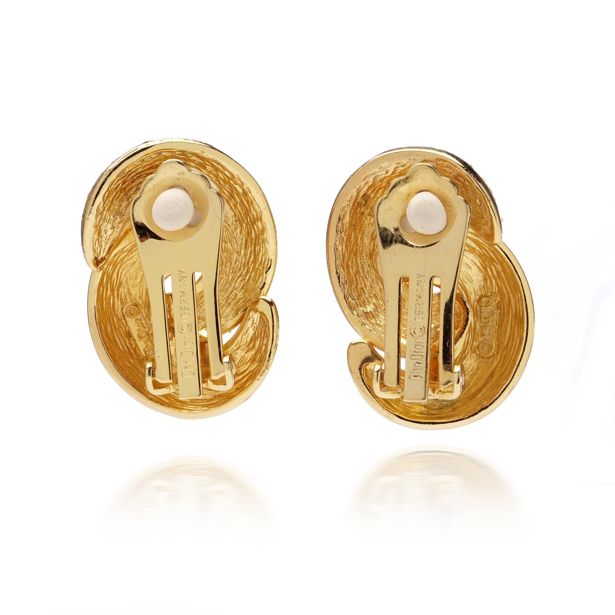 Vintage Christian Dior Gold & Crystal Clip-On Earrings In Excellent Condition For Sale In Braintree, GB