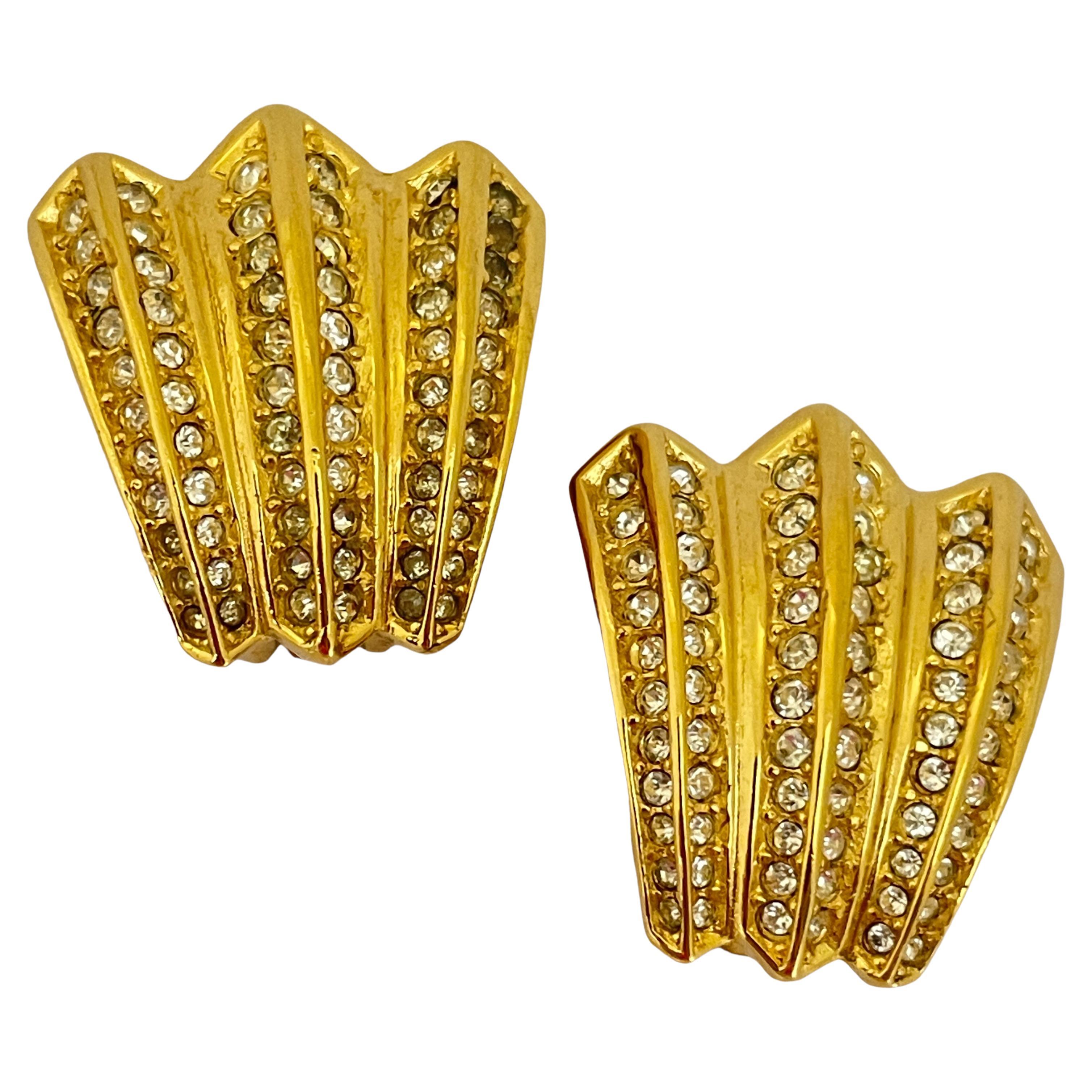 Vintage CHRISTIAN DIOR gold crystal designer runway clip on earrings For Sale
