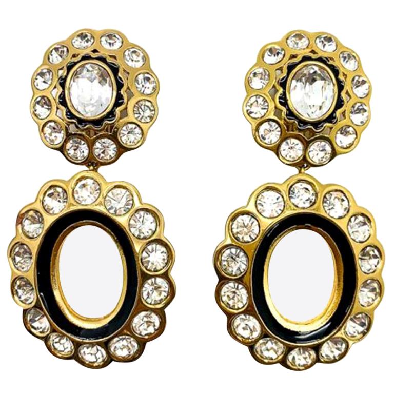 Vintage Christian Dior Gold & Crystal Double Hoop Statement Earrings 1980S For Sale