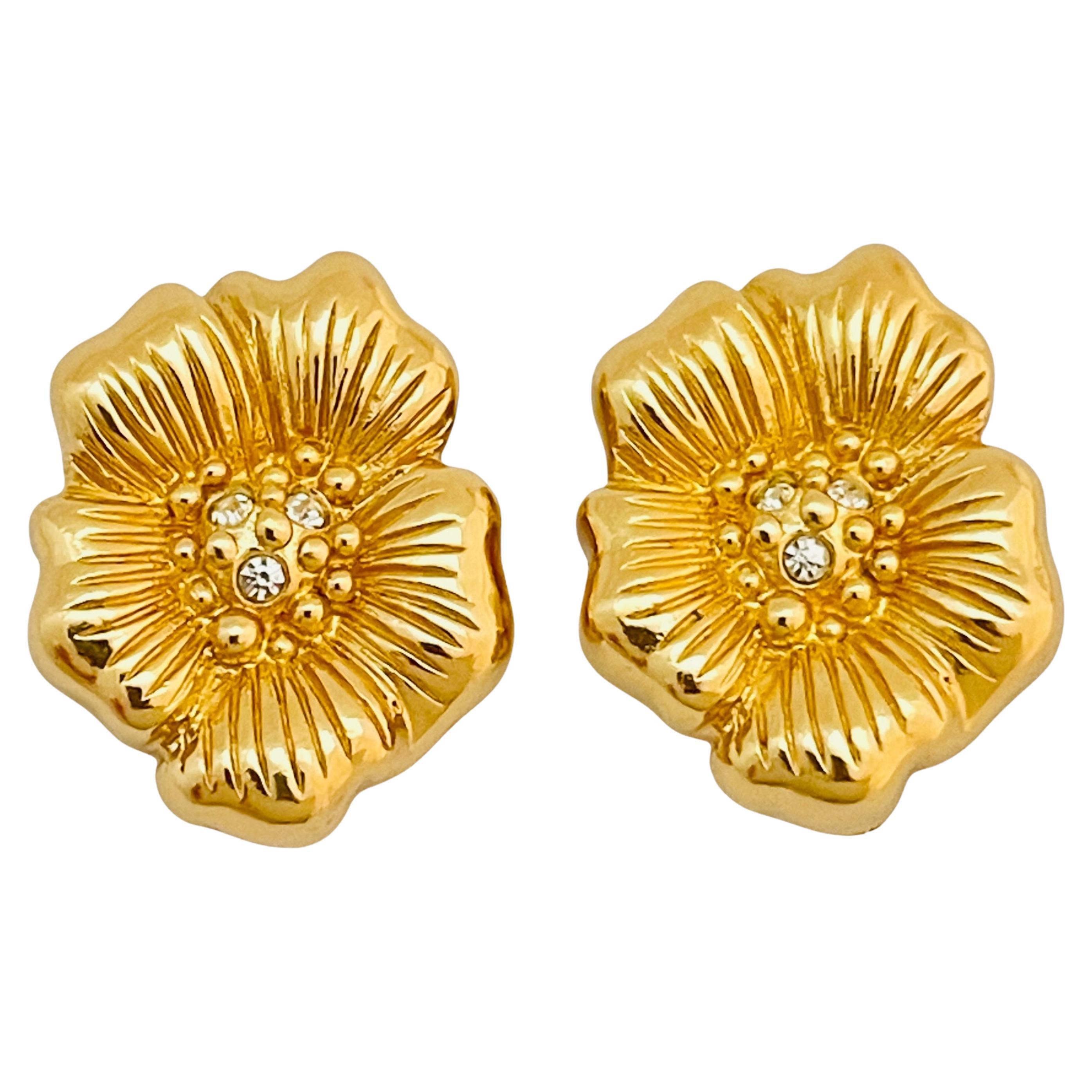 Vintage CHRISTIAN DIOR gold crystal flower designer runway couture earrings