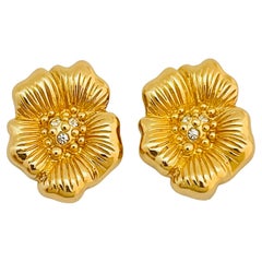 Vintage CHRISTIAN DIOR gold crystal flower designer runway couture earrings