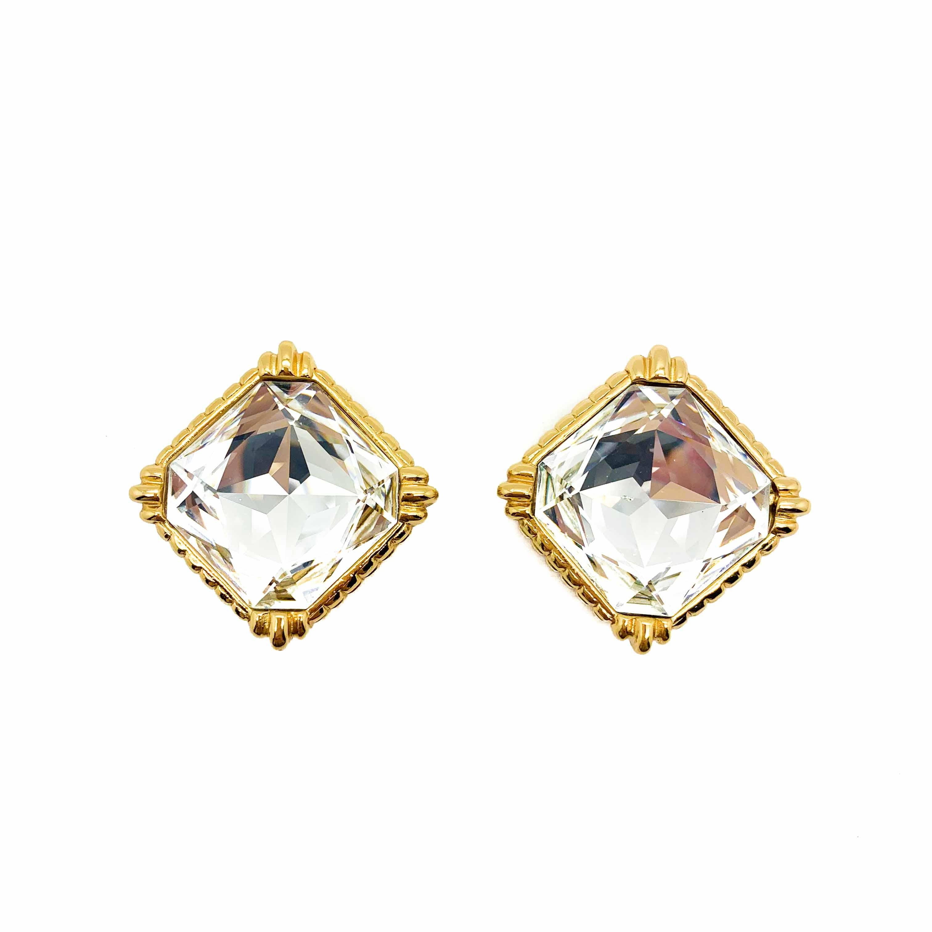 Vintage Christian Dior Gold & Crystal Headlight Earrings 1980s In Good Condition In Wilmslow, GB