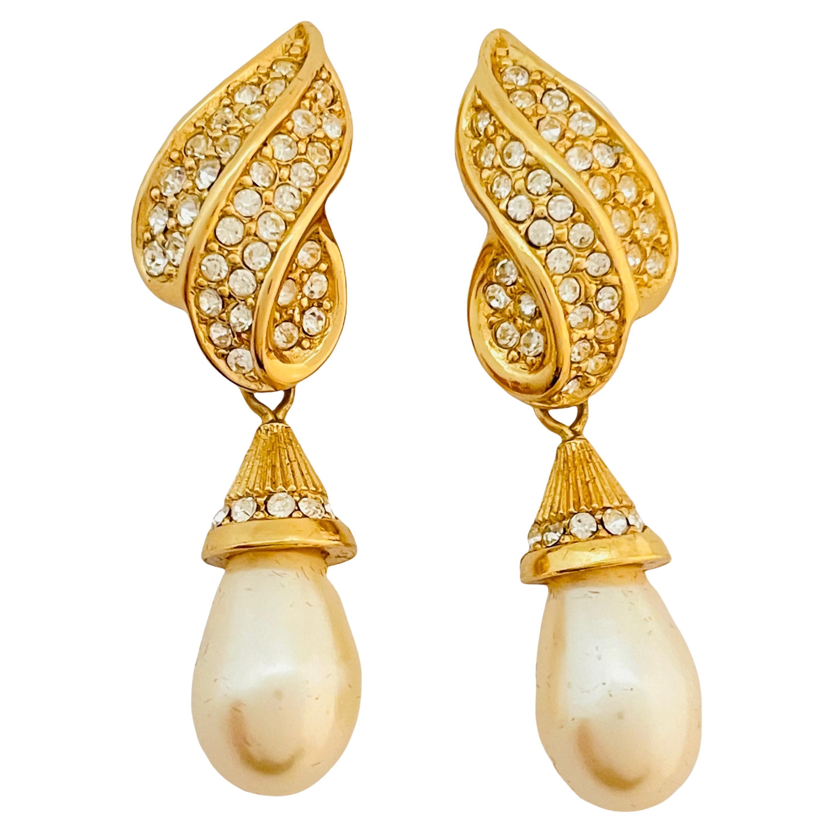 Vintage CHRISTIAN DIOR gold crystal pearl dangl designer runway couture earrings For Sale