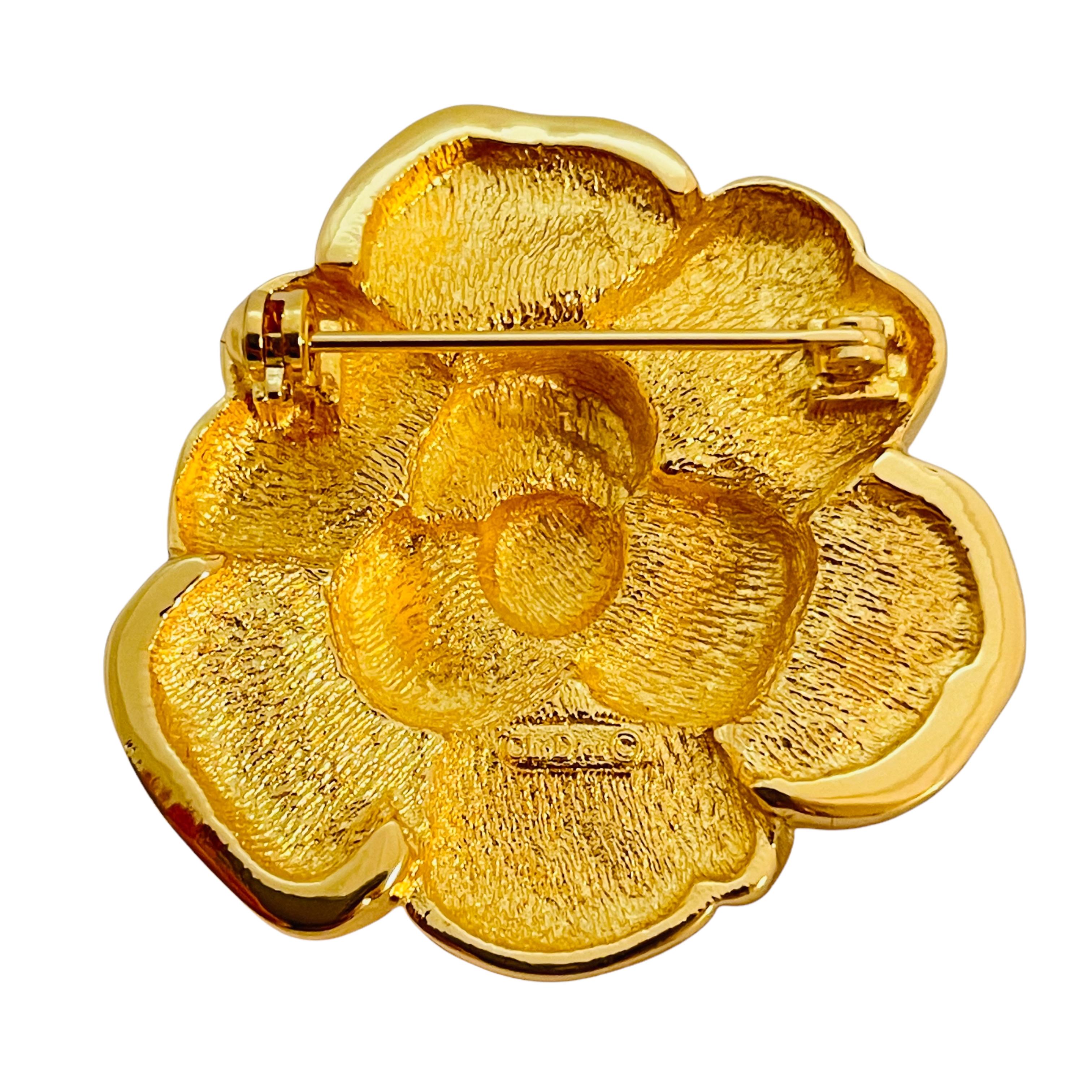 Vintage CHRISTIAN DIOR gold crystal rose designer runway couture brooch In Excellent Condition In Palos Hills, IL