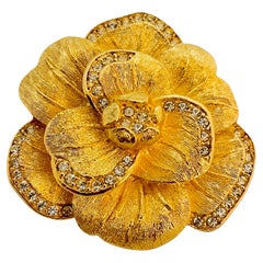 Vintage CHRISTIAN DIOR gold crystal rose designer runway couture brooch