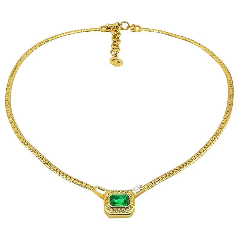 Vintage Christian Dior Gold & Emerald Crystal Necklace 1980s
