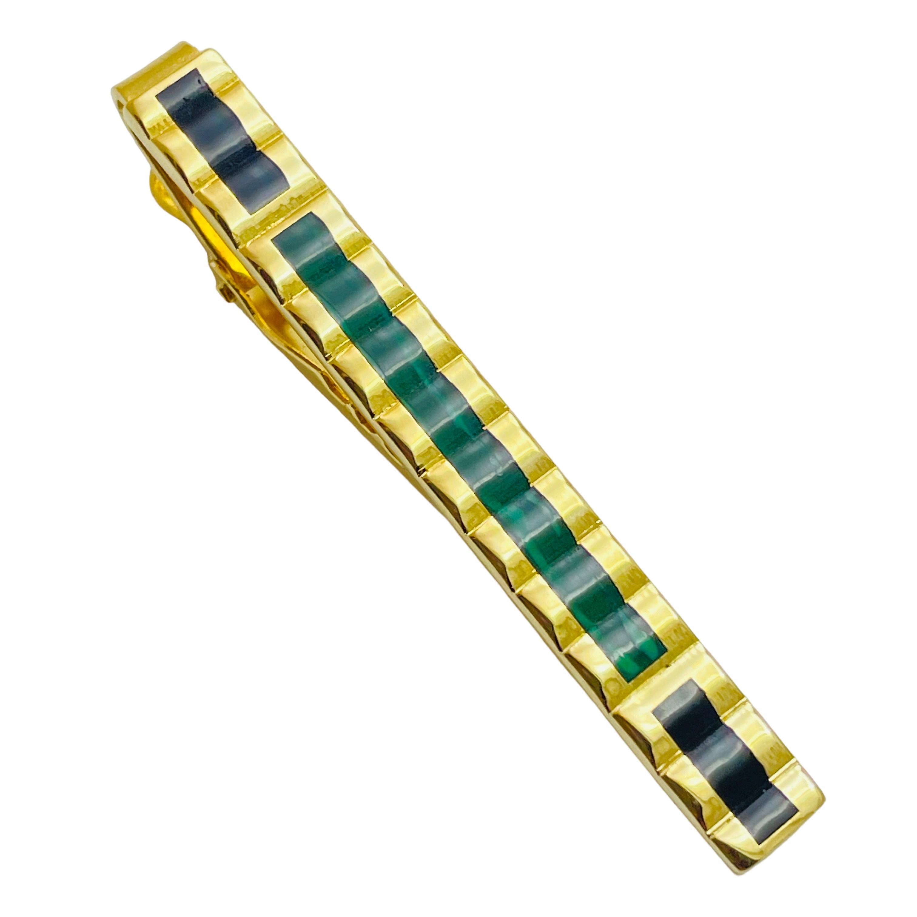 Women's Vintage CHRISTIAN DIOR gold emerald green crystals designer tie clip w box