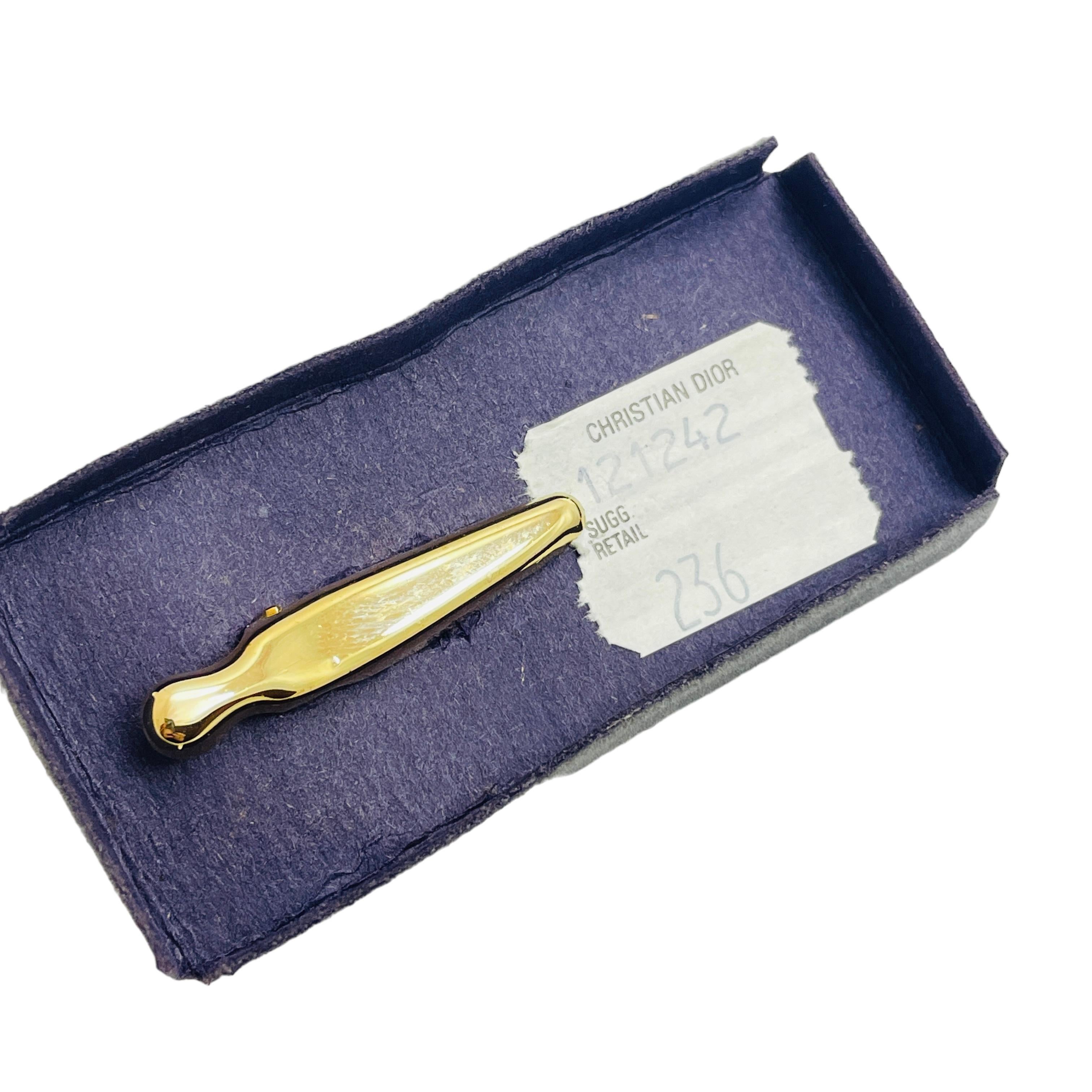 Vintage CHRISTIAN DIOR gold emerald green crystals designer tie clip w box 1