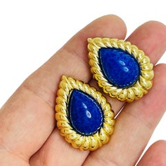 Vintage CHRISTIAN DIOR gold faux lapis designer runway earrings
