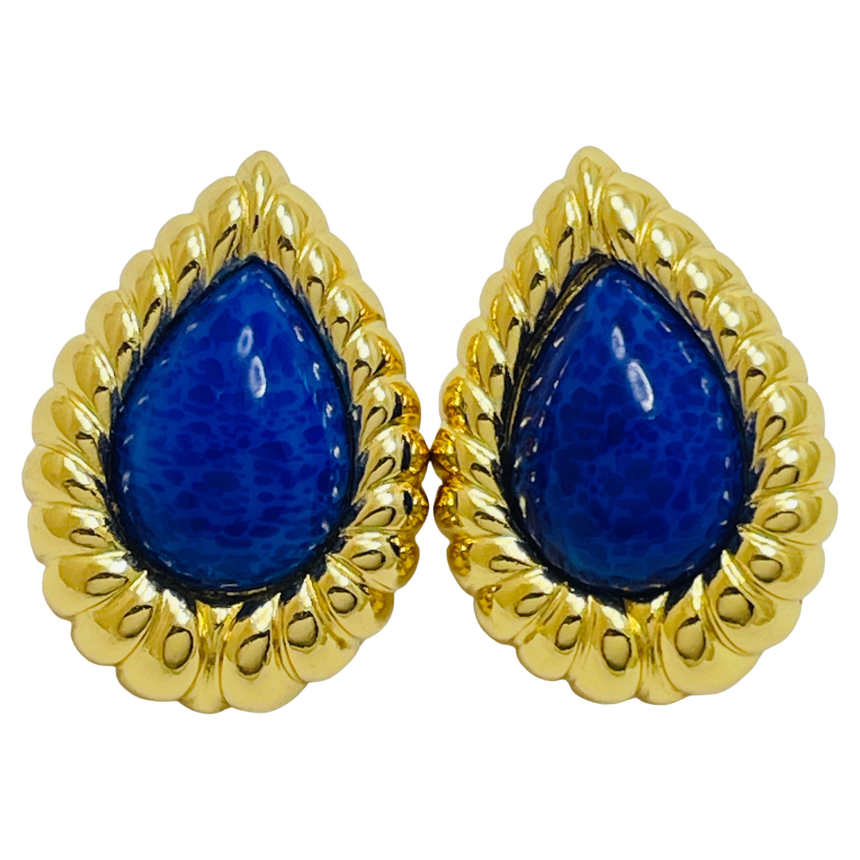 Vintage CHRISTIAN DIOR gold faux lapis designer runway earrings