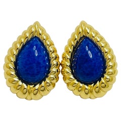 Vintage CHRISTIAN DIOR gold faux lapis designer runway earrings