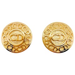 Vintage Christian Dior Gold Logo Button Earrings 1990s
