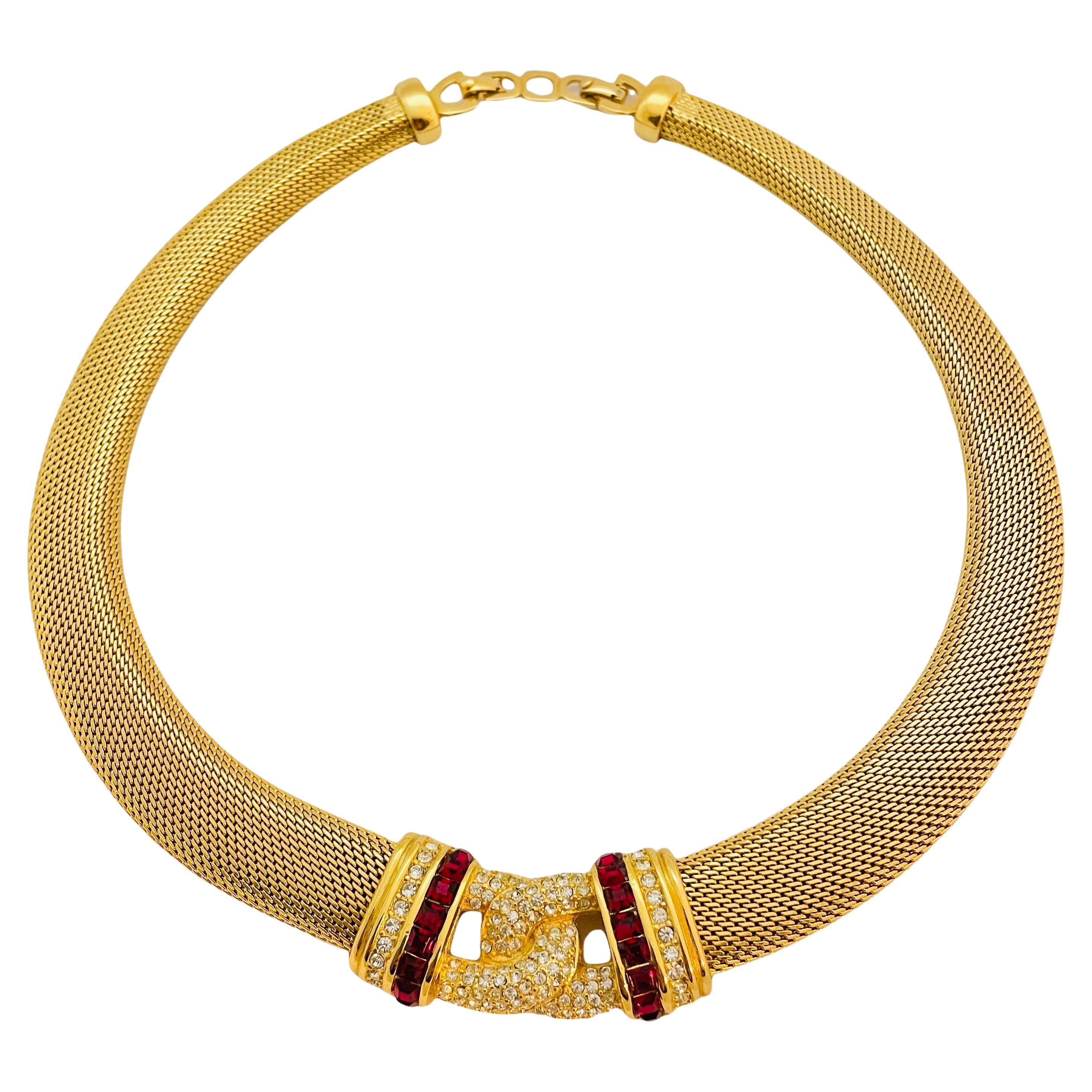 Vintage CHRISTIAN DIOR gold mesh crystal designer runway haute couture necklace For Sale