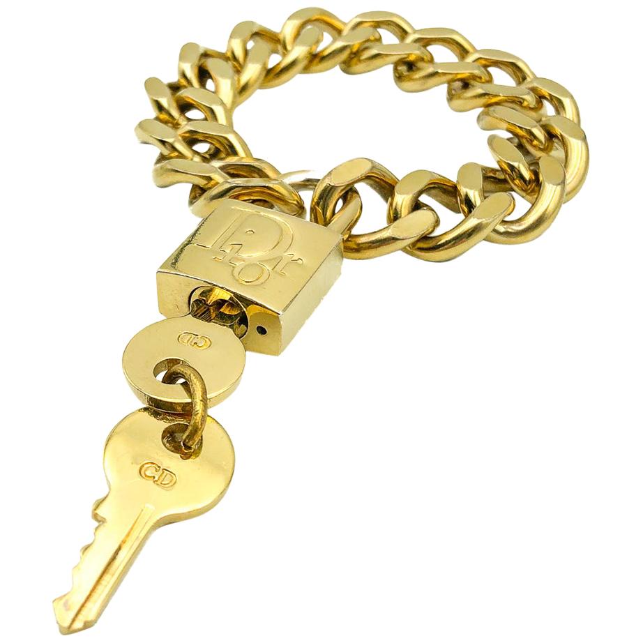 VIntage Christian Dior Gold Padlock & Key Bracelet Galliano 2000s For Sale