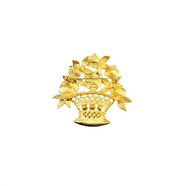 Vintage Christian Dior Gold & Pearl Floral Basket Brooch 1980s In Good Condition In Wilmslow, GB
