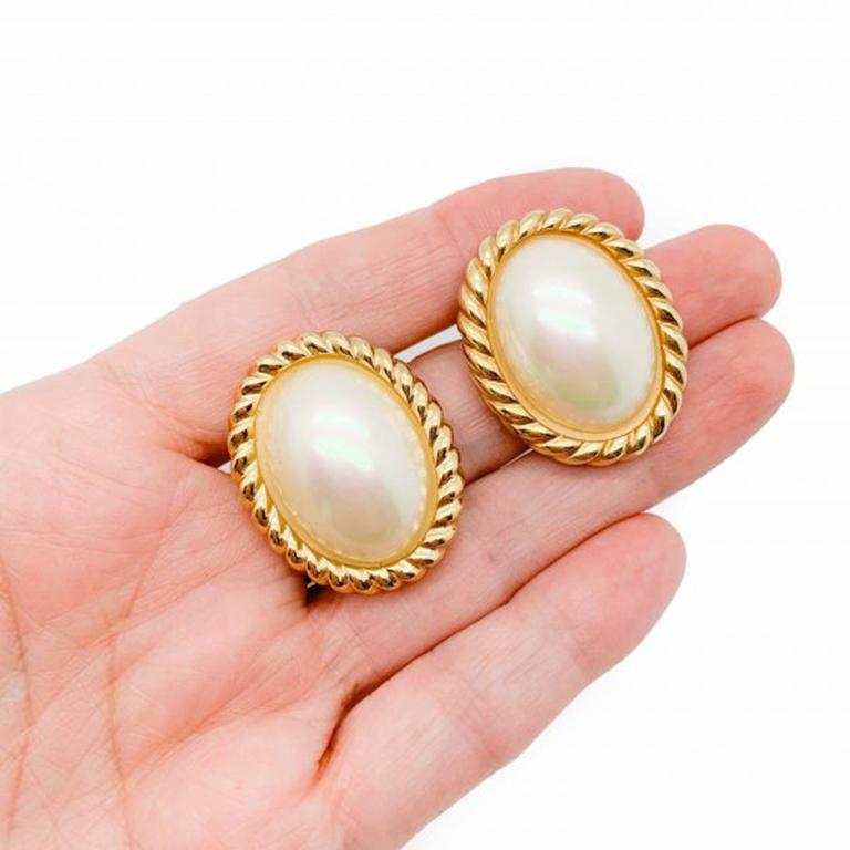 Vintage Christian Dior Gold and Pearl Oval Statement Earrings 1980s For