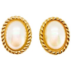 Vintage Christian Dior Gold 
Pearl Oval Statement Earrings 1980s