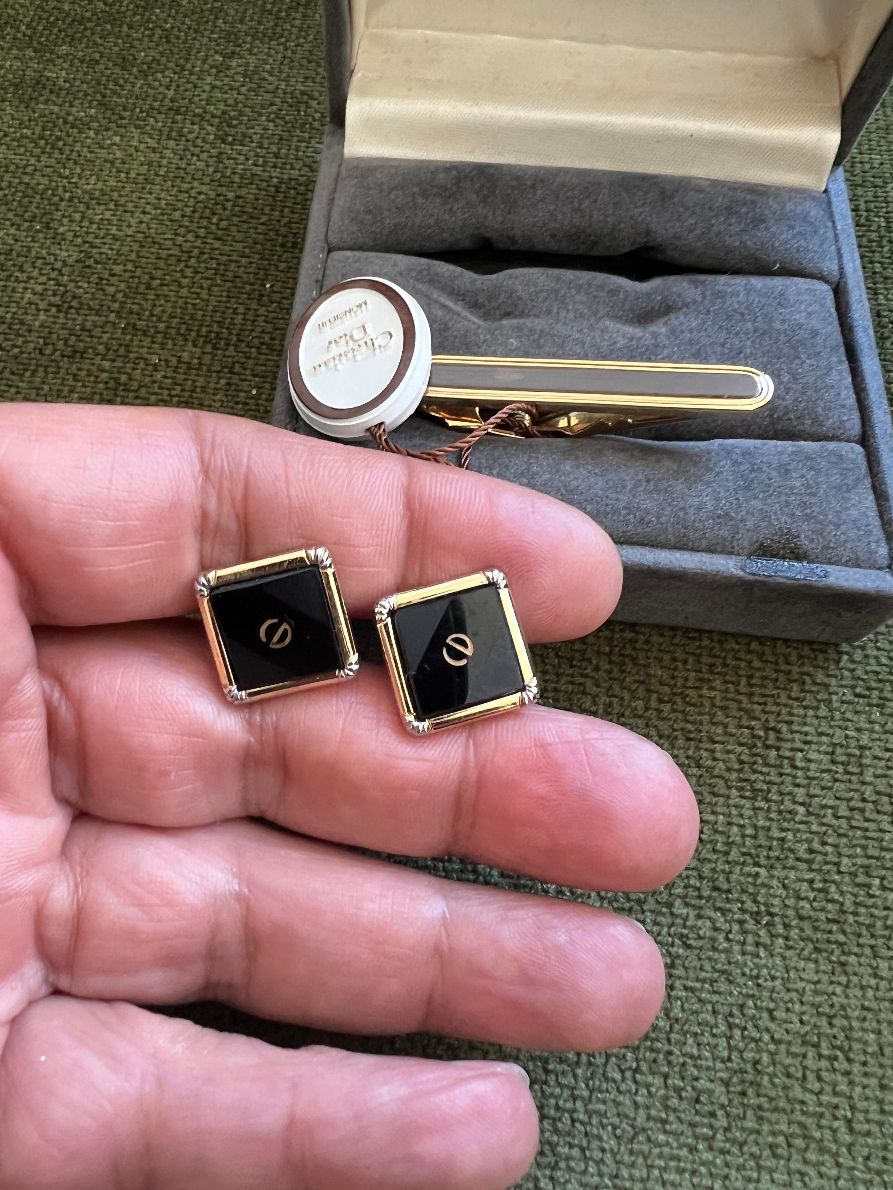 Gemelos vintage Christian Dior de chapa de oro y ónice Circa 1980 En estuche original Art Decó en venta