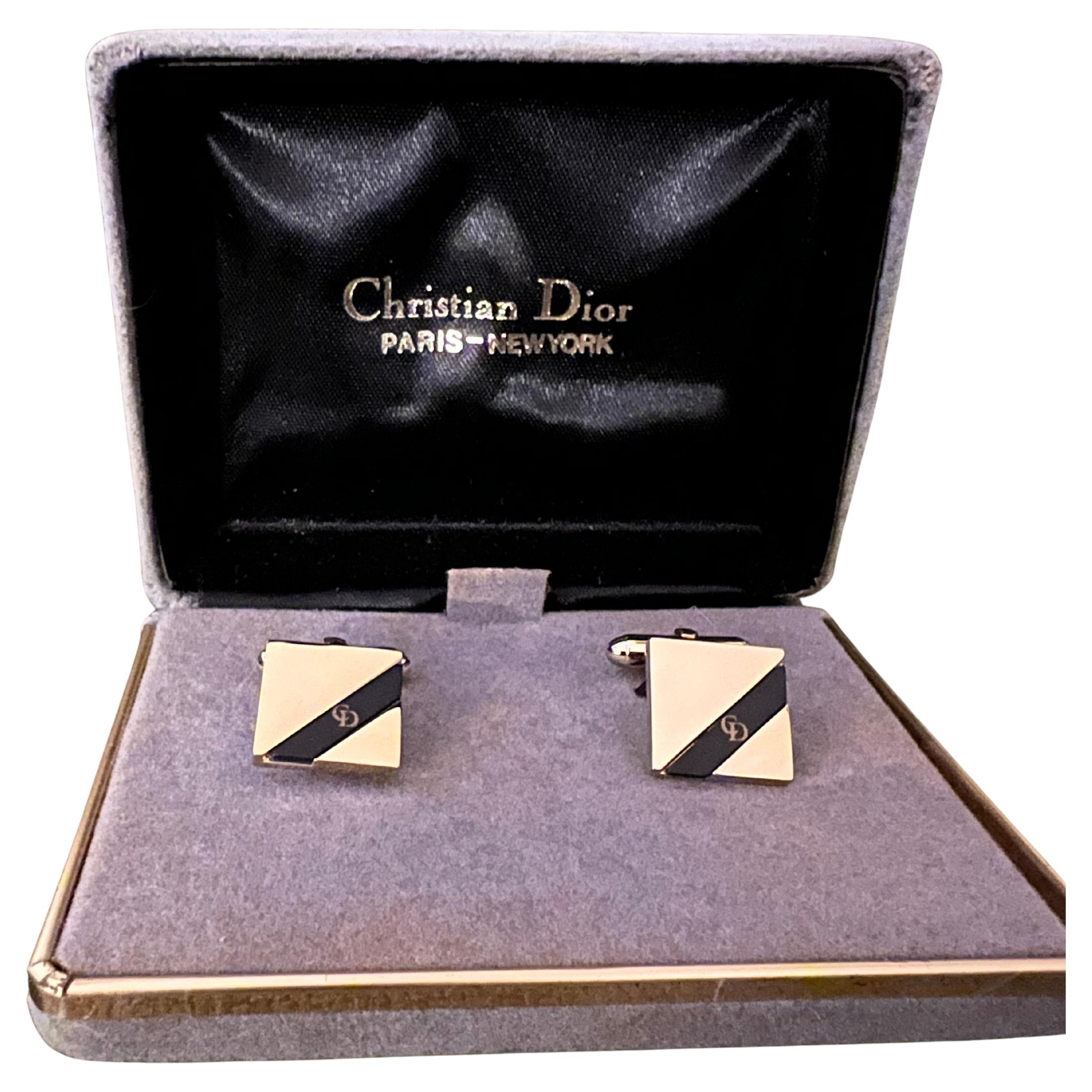 Gemelos vintage Christian Dior de chapa de oro y ónice Circa 1980 En estuche original