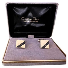 Vintage Christian Dior Gold Plate & Onyx Cufflinks Circa 1980 In Original Case