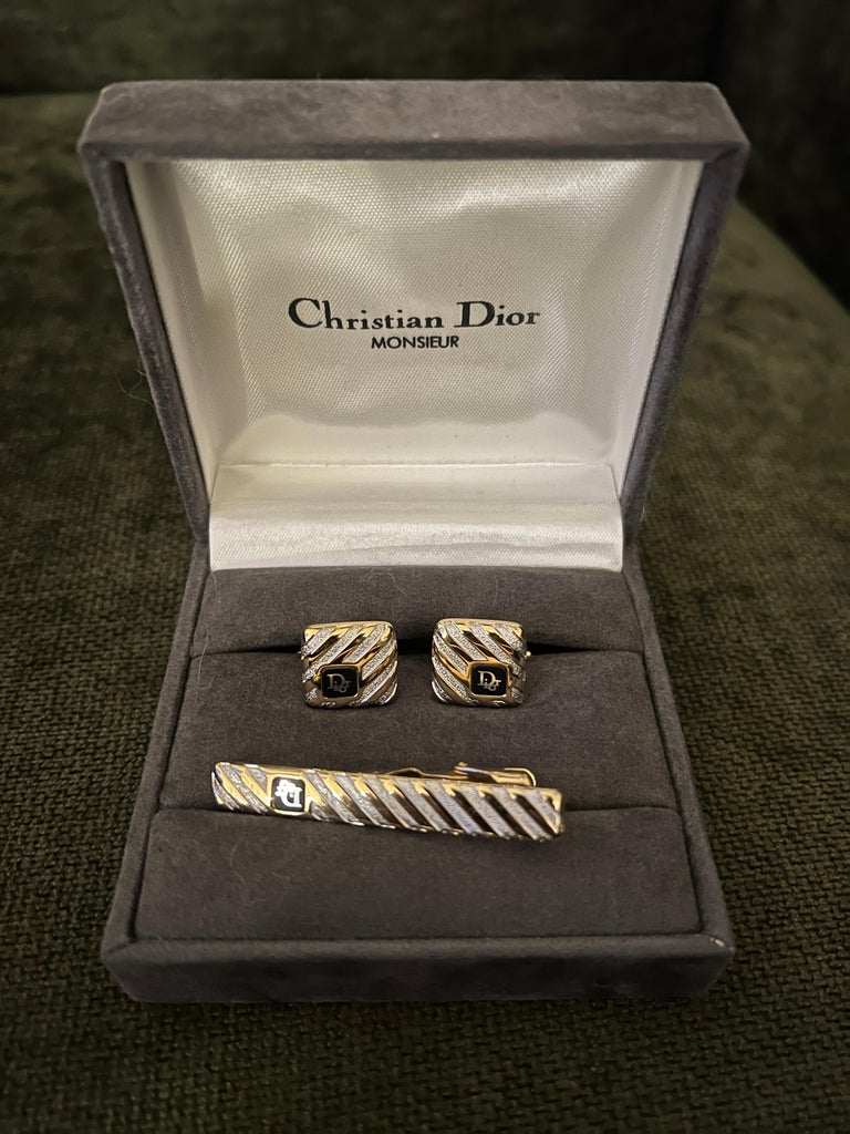 Vintage Christian Dior Gold Plate and Onyx Cufflinks Circa 1990 In