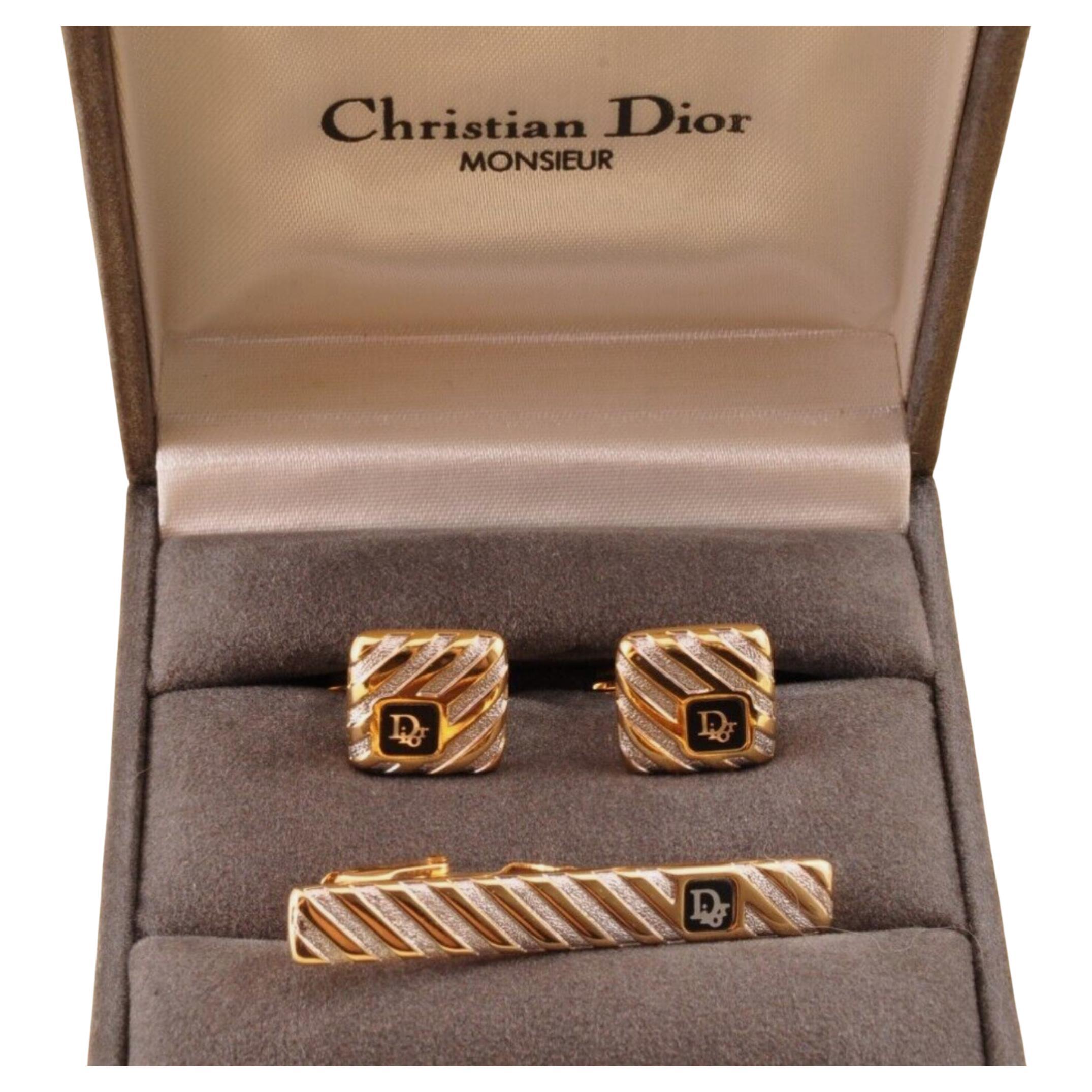 Gemelos vintage Christian Dior de chapa de oro y ónice Circa 1990 En estuche original