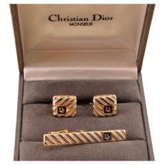 Manschettenknöpfe Vintage Christian Dior vergoldet & Onyx Circa 1990 im Originalgehäuse