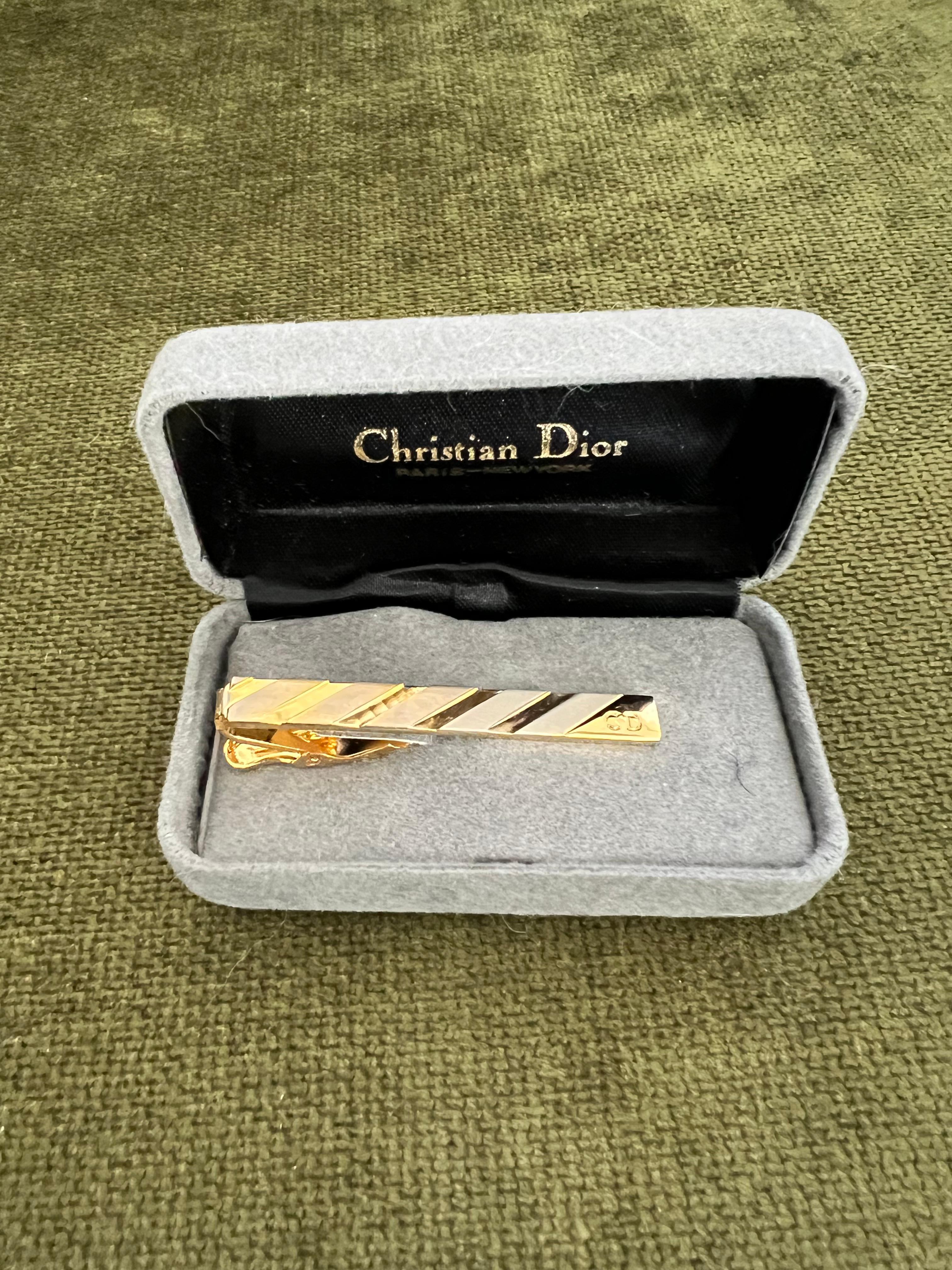Art Deco Vintage Christian Dior Gold Plate Tie Clip Circa 1970 In Original Velvet Case For Sale