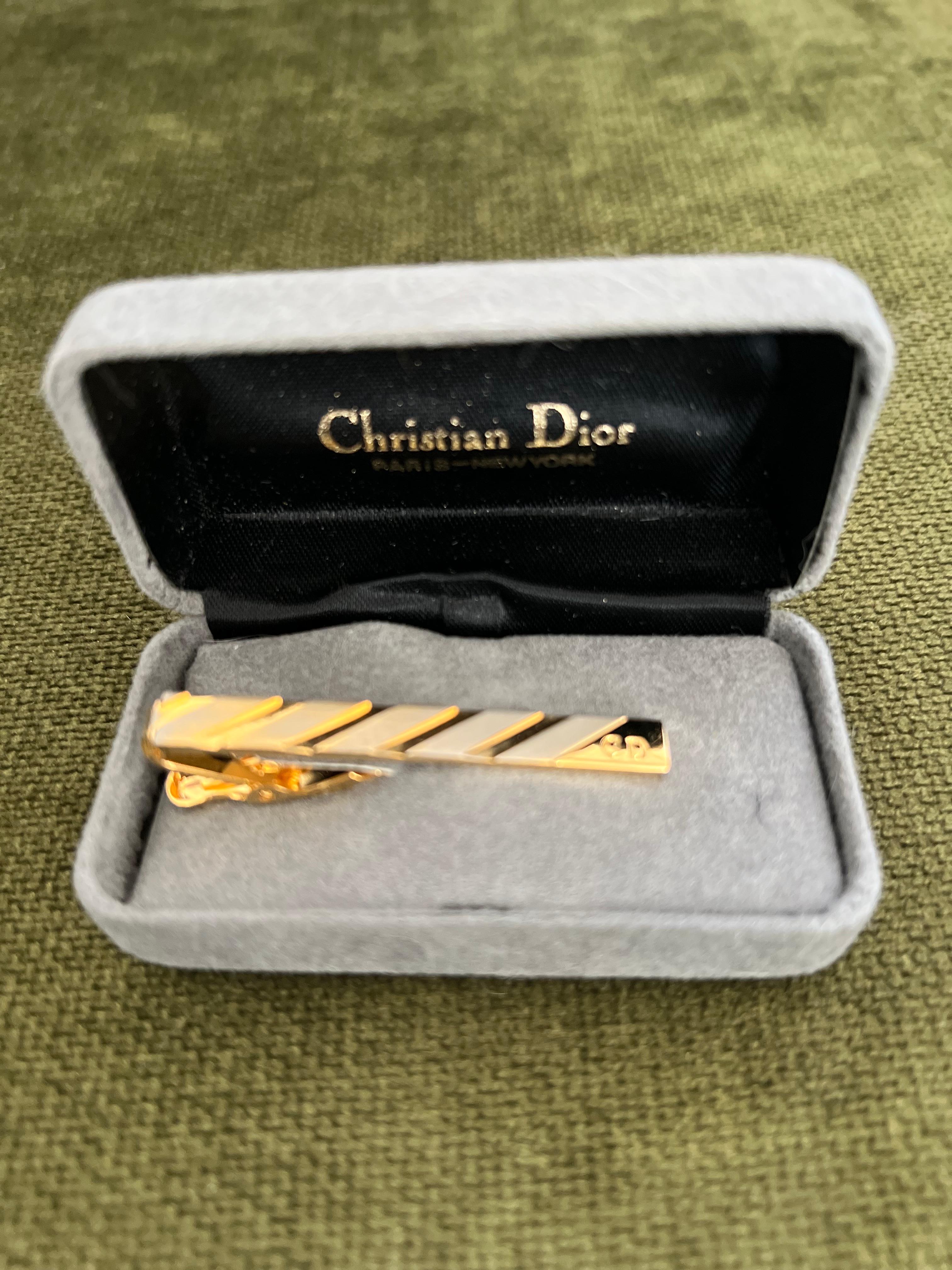 Women's or Men's Vintage Christian Dior Gold Plate Tie Clip Circa 1970 In Original Velvet Case For Sale