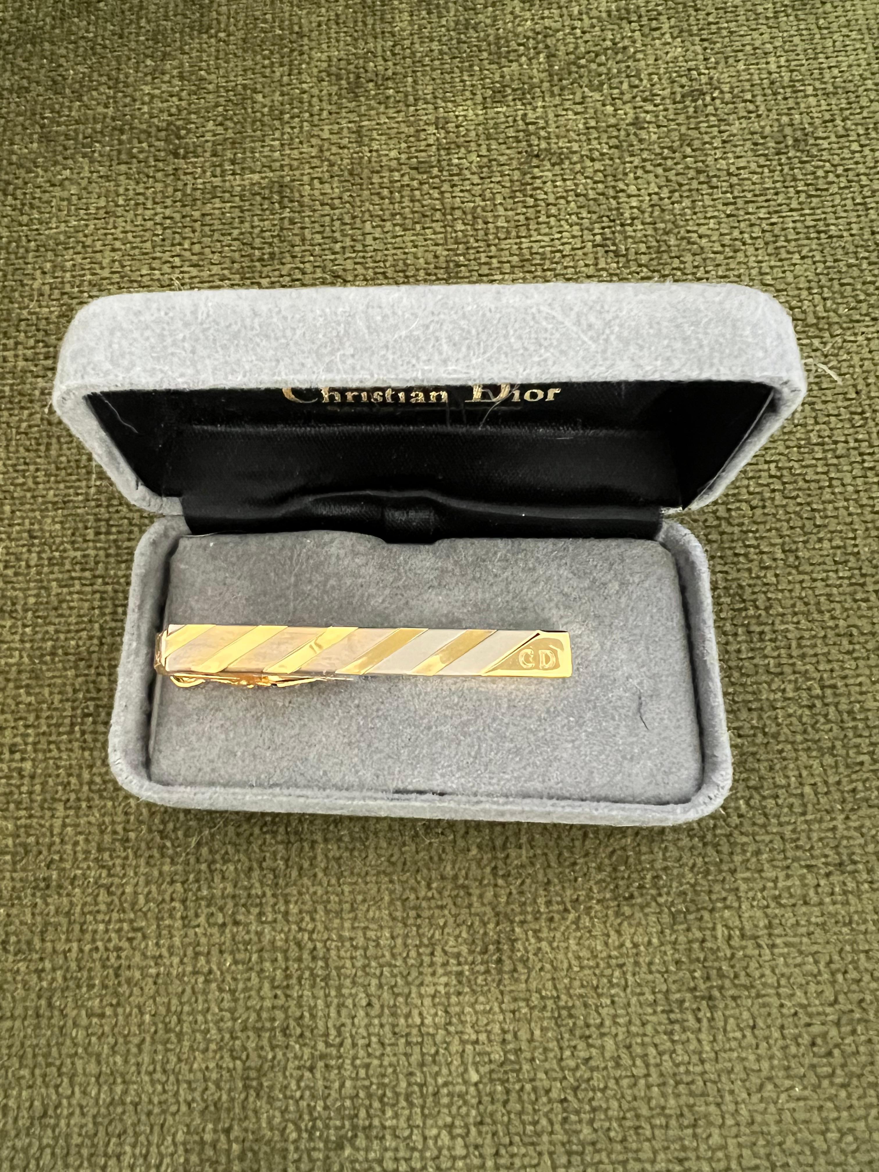 Vintage Christian Dior Gold Plate Tie Clip Circa 1970 In Original Velvet Case For Sale 2