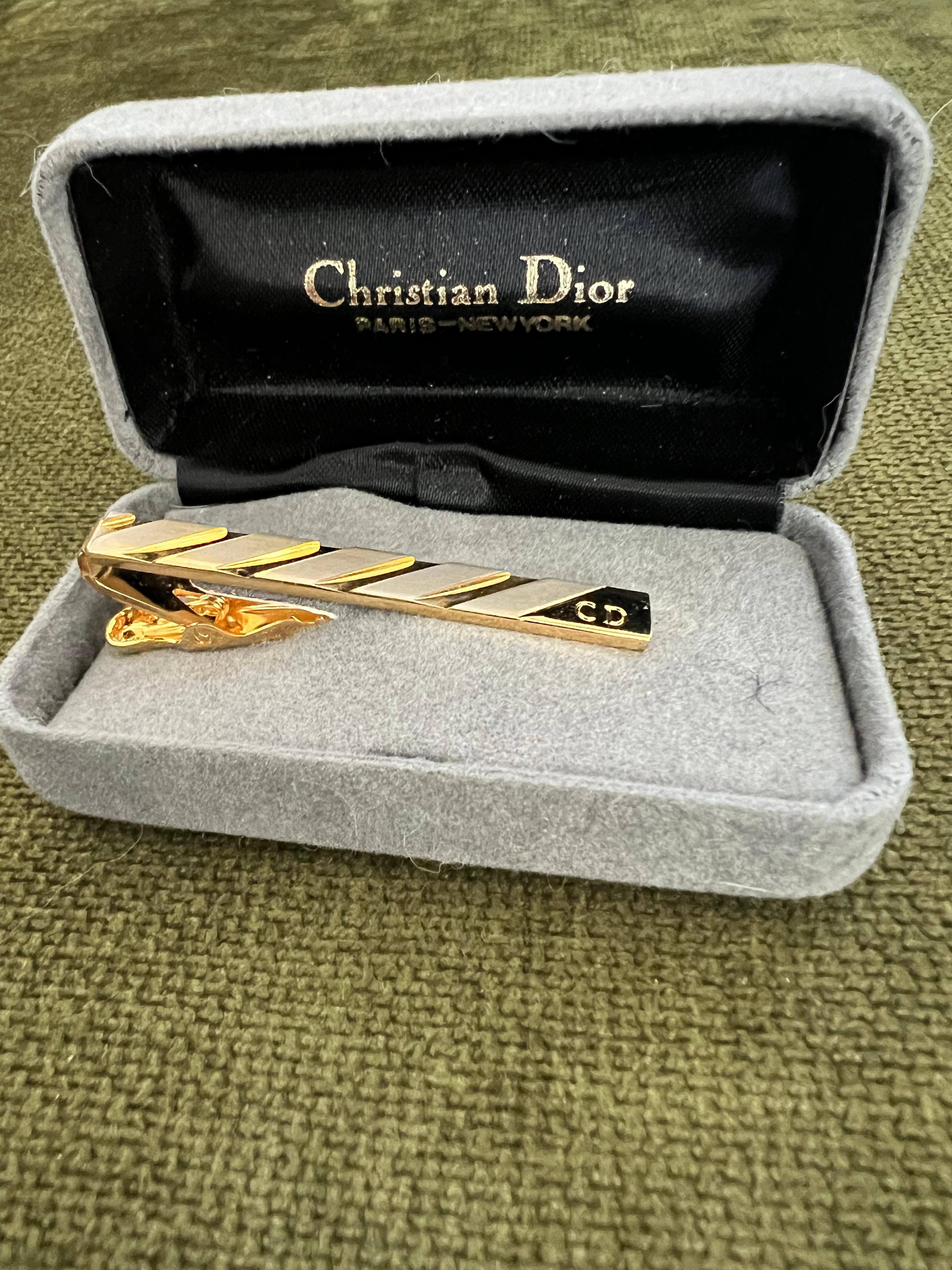 Vintage Christian Dior Gold Plate Tie Clip Circa 1970 In Original Velvet Case For Sale 3