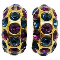 Vintage CHRISTIAN DIOR boucles d'oreilles clips en plaqué or améthyste saphir cristaux