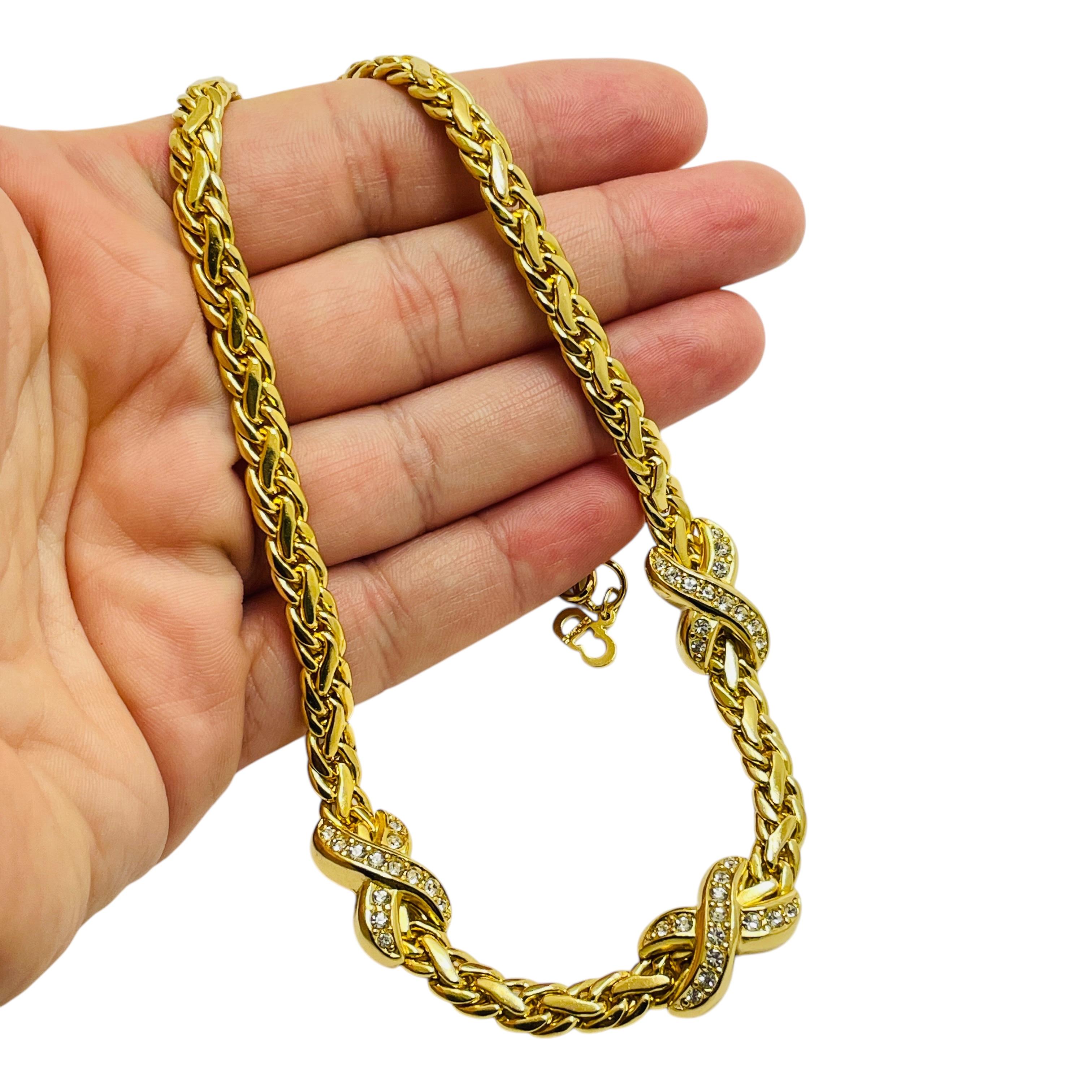 Vintage CHRISTIAN DIOR gold plated chain crystals designer runway necklace For Sale 2