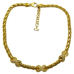 Vintage CHRISTIAN DIOR gold plated chain crystals designer runway necklace