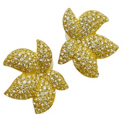 Used CHRISTIAN DIOR gold plated crystals flower designer runway earrings