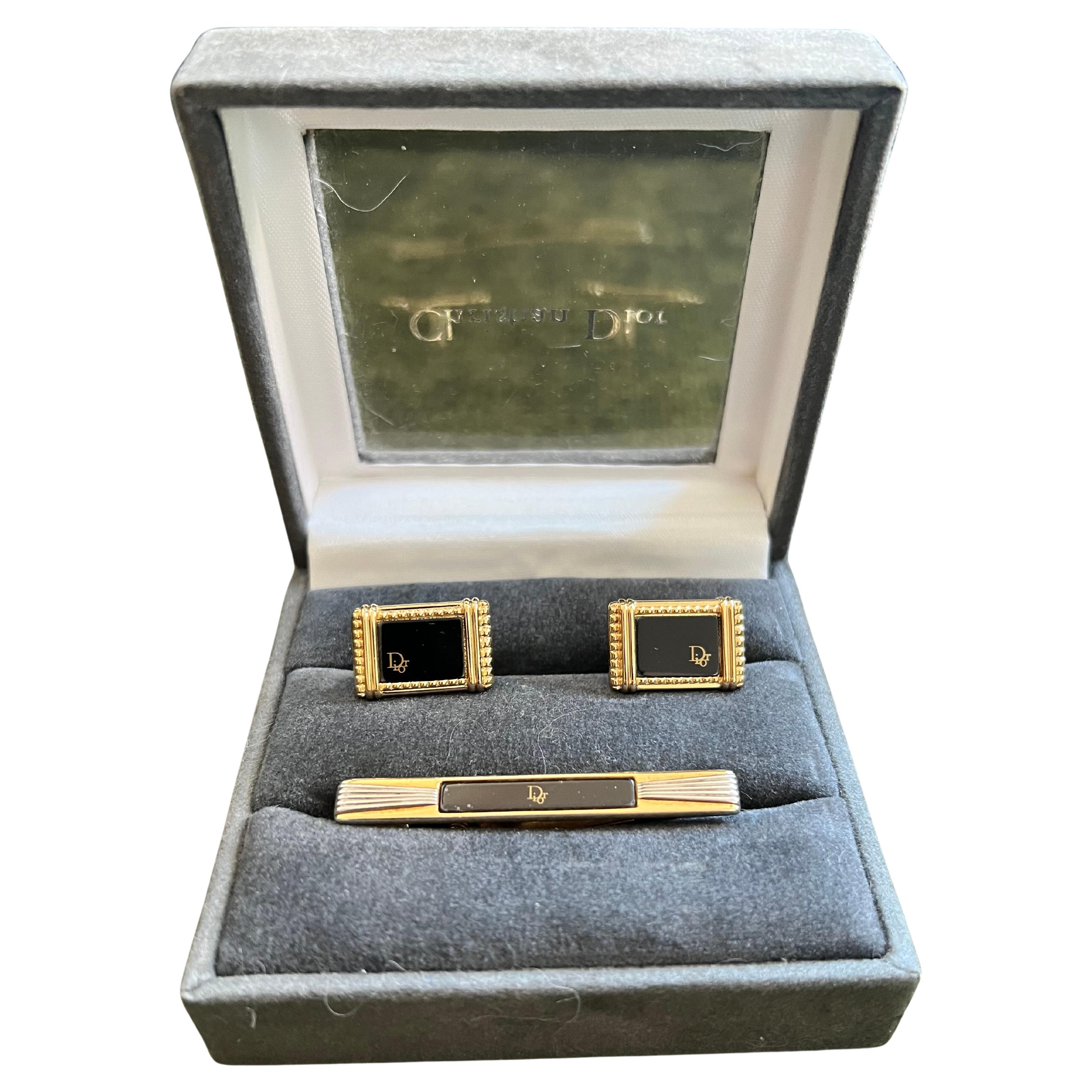 Vintage Christian Dior Gemelos y Corbata Chapados en Oro Circa 1980 En Estuche Original