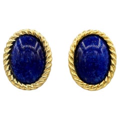 Vintage Christian Dior Gold Plated Oval Statement Earrings with Lapis Lazuli