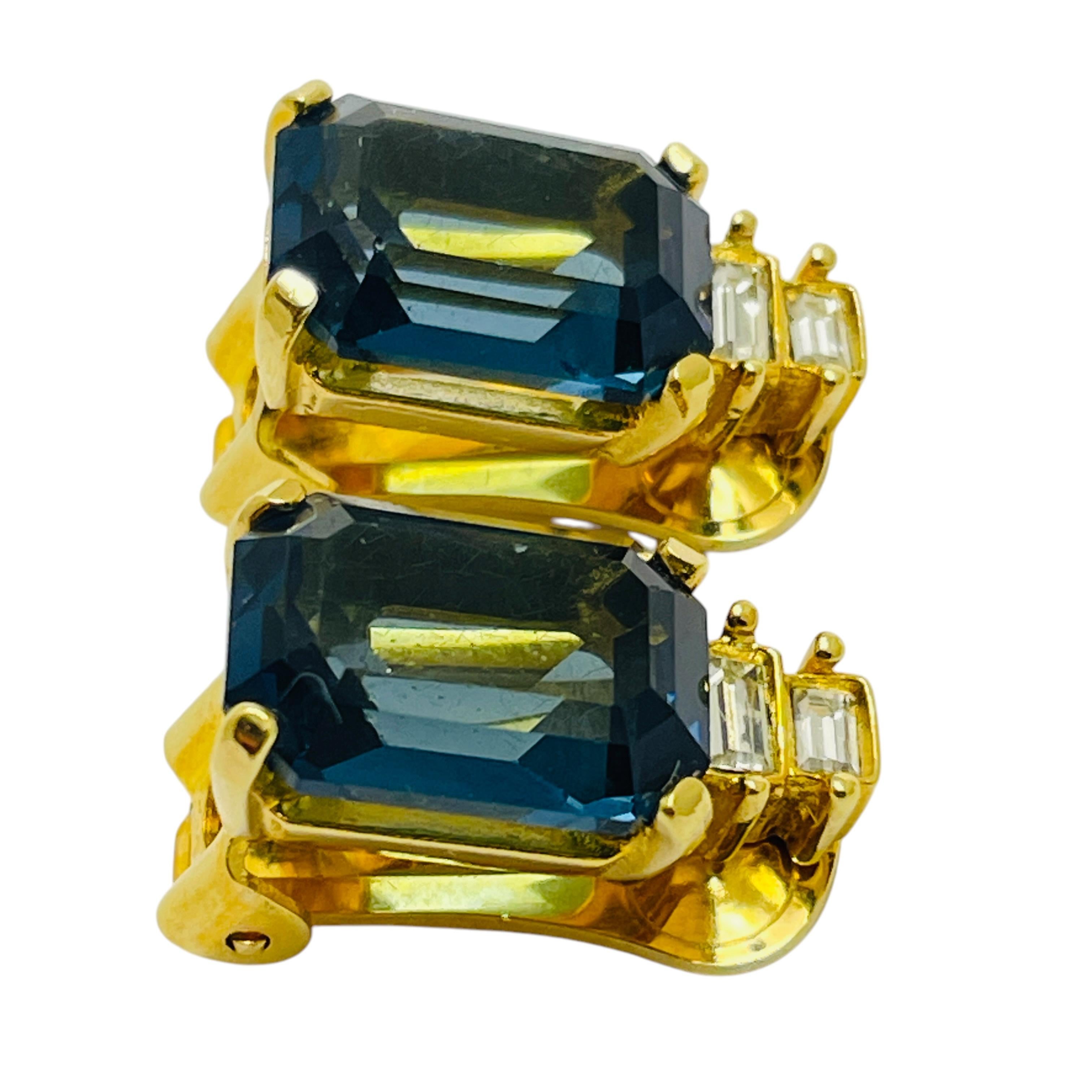 Vintage CHRISTIAN DIOR gold plated sapphire glass designer runway clip earrings In Good Condition In Palos Hills, IL