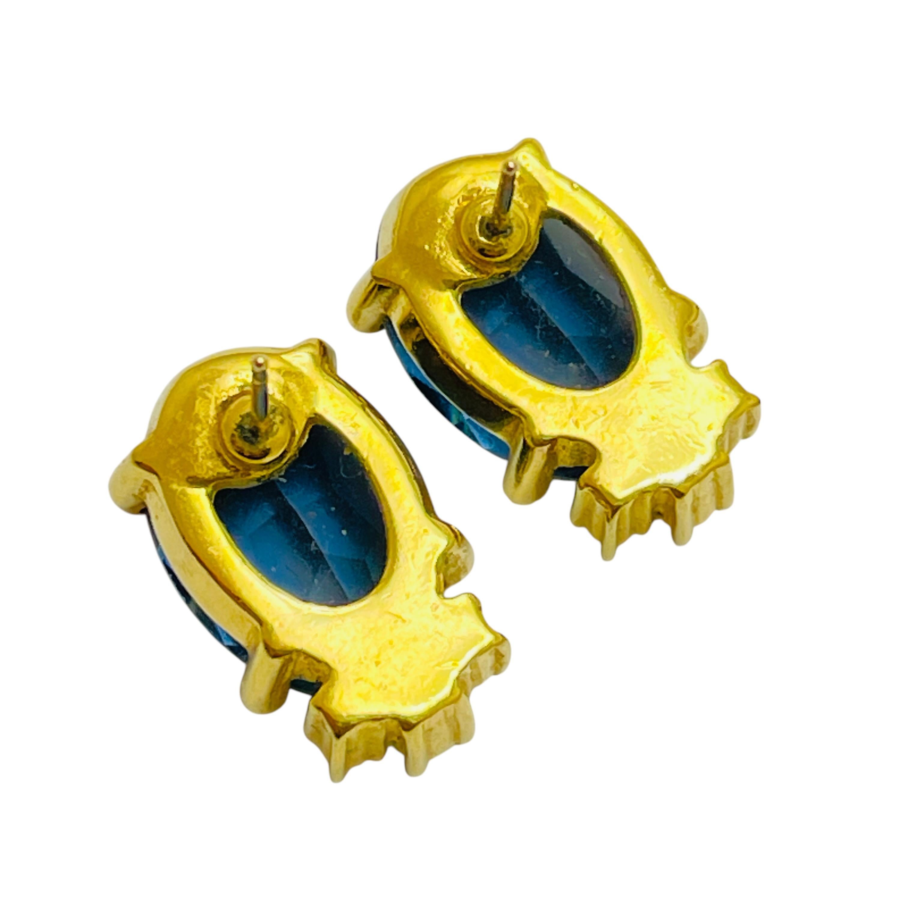 Vintage CHRISTIAN DIOR gold plated sapphire glass designer runway earrings In Good Condition For Sale In Palos Hills, IL