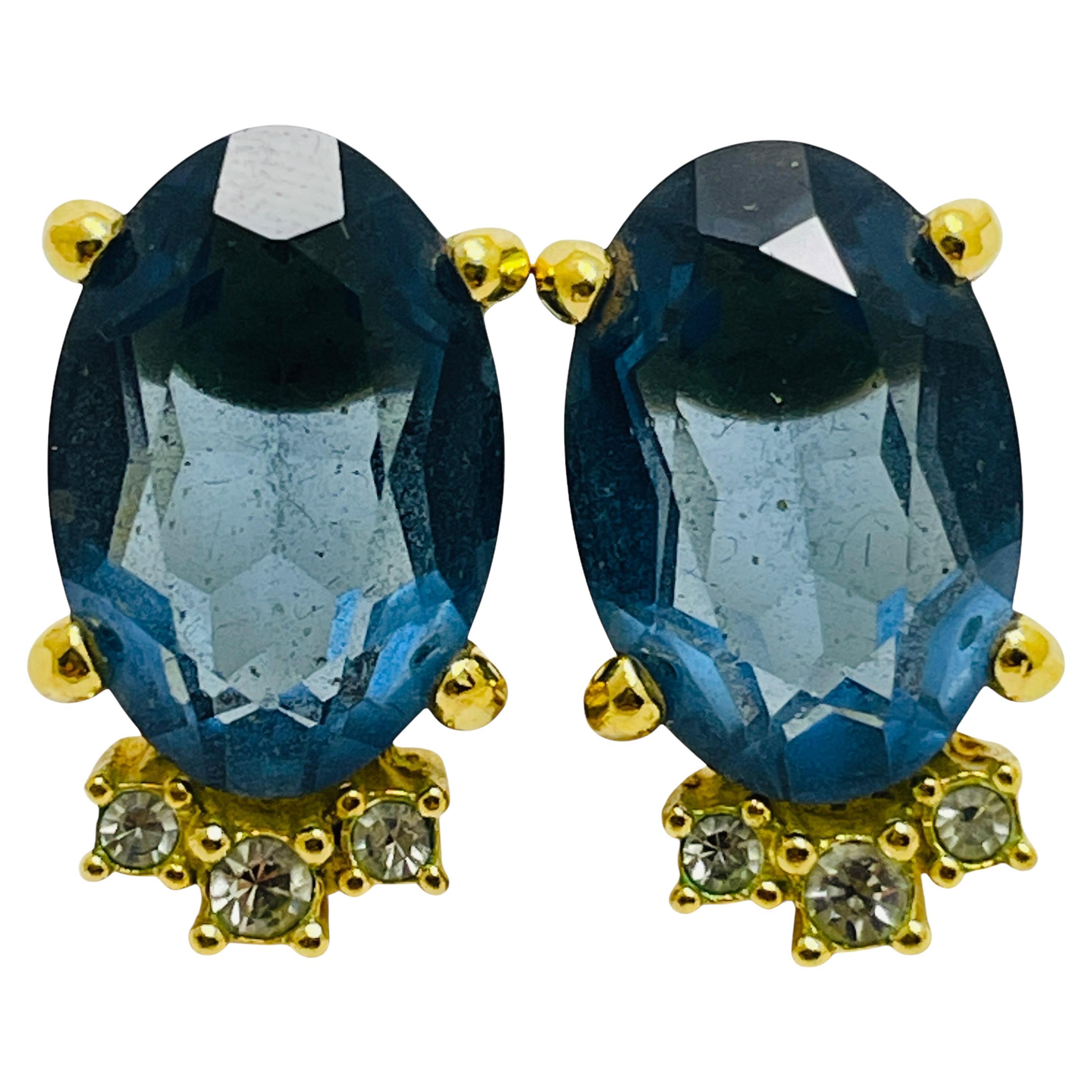 Vintage CHRISTIAN DIOR gold plated sapphire glass designer runway earrings For Sale